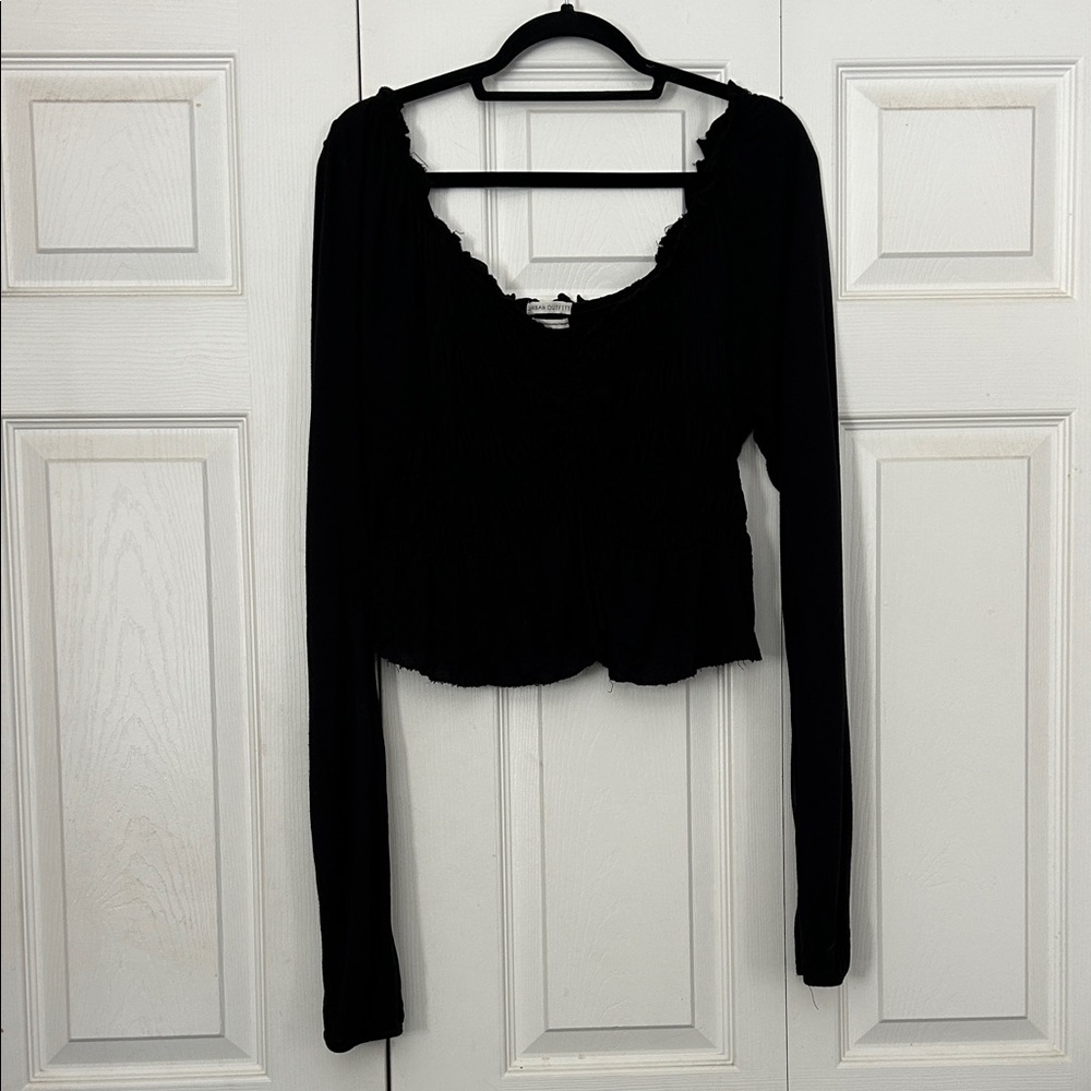 Urban Outfitters Black Long Sleeve Cropped Smocked Pheasant Blouse Off Shoulder